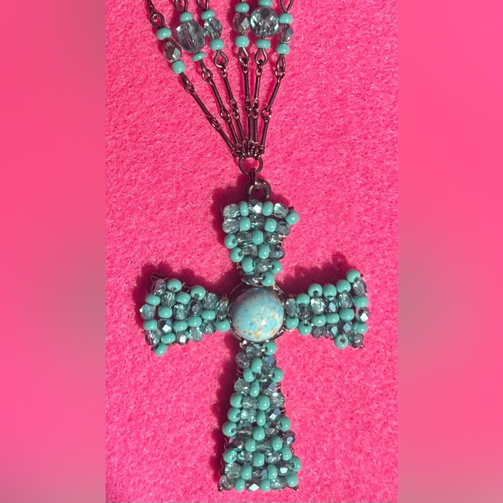 Vintage Miriam Haskell Turquoise Beaded Cross Necklace